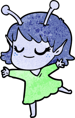 Bir insan tarafından çizilmiş gülümseyen uzaylı kız çizgi filmi.