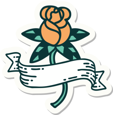 Bir insan tarafından çizilmiş gül ve pankartın geleneksel stiliyle dövme çıkartması.