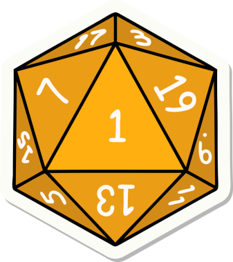 Bir insan tarafından çizilmiş doğal 1 D20 zar etiketi.