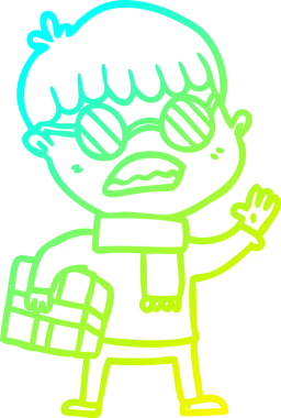 Elinde hediye tutan ve bir insan tarafından çizilmiş gözlük takan bir çizgi film çocuğunun soğuk gradyan çizimi.