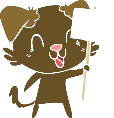 Bir insan tarafından çizilmiş tabelalı düz renkli çizgi film köpeği.