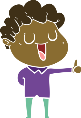 Gülen düz renkli çizgi film karakteri bir insan tarafından çizilmiş baş parmak işareti veriyor.