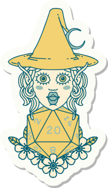 Bir insan tarafından çizilmiş doğal yirmi zarlı elf büyücü karakterinin çıkartması.