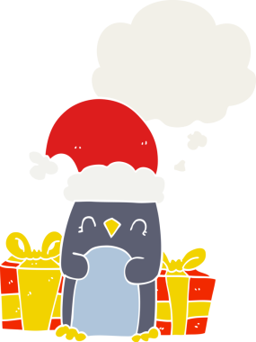 Düşünce baloncuğu olan sevimli noel pengueni insan tarafından çizilmiş.