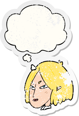 Düşünce baloncuğu olan karikatür kadın bir insan tarafından çizilmiş yıpranmış bir çıkartma.