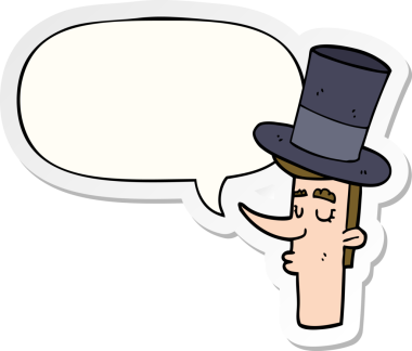 Bir insan tarafından çizilmiş konuşma kabarcığı çıkartmalı silindir şapkalı çizgi film adamı.