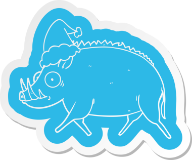 Bir insan tarafından çizilmiş Noel Baba şapkası takan yaban domuzu çıkartması.