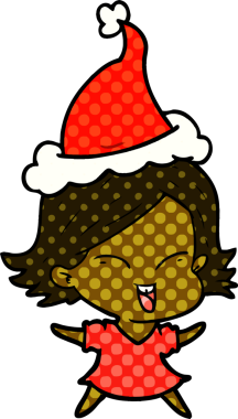 Bir insan tarafından çizilmiş Noel Baba şapkası giyen bir kızın çizilmiş mutlu el çizimi çizgi roman tasviri.