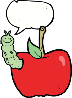 bir insan tarafından çizilmiş konuşma balonlu bir böcek ile çizgi film elması