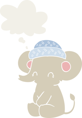 Düşünce baloncuğu olan sevimli bir fil insan tarafından çizilmiş.