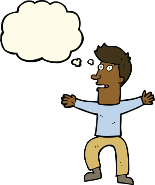 Bir insan tarafından çizilmiş düşünce baloncuğu ile ürkmüş bir adam.