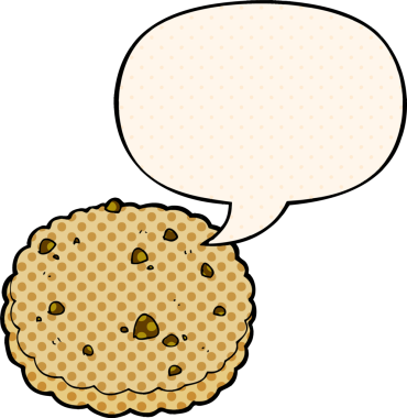 Bir insan tarafından çizilmiş çizgi roman tarzında konuşma baloncuklu çizgi film bisküvisi.