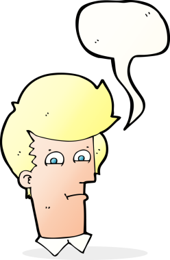 Bir insan tarafından çizilmiş konuşma baloncuğuyla gözlerini kısarak bakan çizgi film adamı.