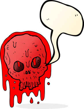 Bir insan tarafından çizilmiş konuşma balonlu kanlı kafatası.