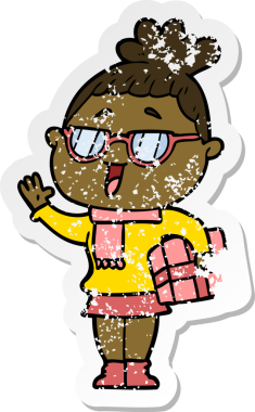 Bir insan tarafından çizilmiş gözlük takan mutlu bir kadının sıkıntılı çıkartması.