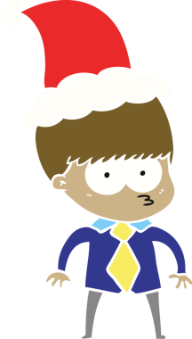 Tişört ve kravat takan, Noel Baba şapkası takan bir çocuğun düz renk çizimi.