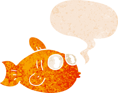 grunge 'da konuşma baloncuğu olan karikatür balığı bir insan tarafından çizilmiş dertli retro stil.