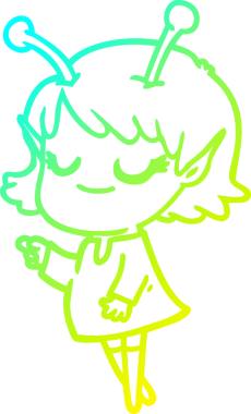 Bir insan tarafından çizilmiş gülümseyen uzaylı kız çizgi filmi.