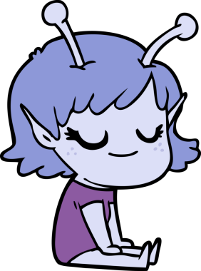 Bir insan tarafından çizilmiş gülümseyen uzaylı kız çizgi filmi.