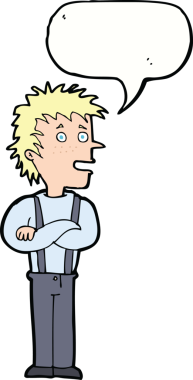 Bir insan tarafından çizilmiş, kolları katlanmış, konuşma balonu olan çizgi film çocuğu.