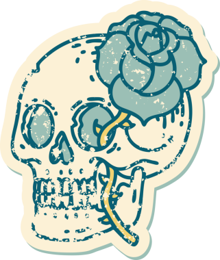 Bir insan tarafından çizilmiş kafatası ve gülün sembolik dövmeli görüntüsü.