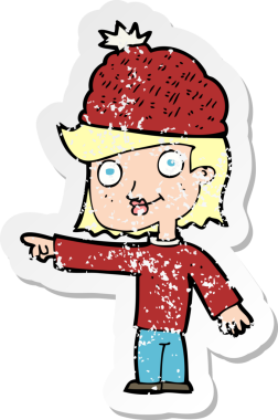 Bir insan tarafından çizilmiş kış şapkası giyen bir karikatür kadının gerilimli çıkartması.