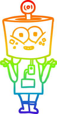 Gökkuşağı gradyan çizgisi çizimi mutlu bir robot insan tarafından çizilmiş omuz silkiyor.