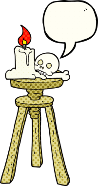 El yazısıyla çizilmiş çizgi roman konuşma balonu karikatürü ürkütücü kafatası ve bir insan tarafından çizilmiş mum.