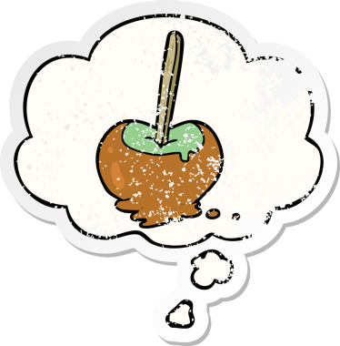 Düşünce baloncuklu karikatür elma dertli bir çıkartma gibi bir insan tarafından çizilmiş.