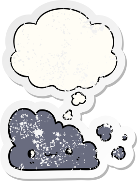 Düşünce baloncuğu olan sevimli çizgi film bulutu bir insan tarafından çizilmiş yıpranmış bir çıkartma gibi.