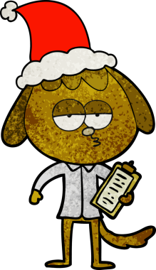 Ofis kıyafetleri içinde bir insan tarafından çizilmiş Noel Baba şapkası giymiş sıkılmış bir köpeğin el çizimi karikatürü.