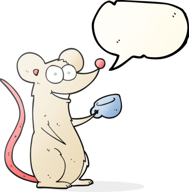 Bir insan tarafından çizilmiş bir fincan çayla serbest konuşma balonu çizgi film faresi