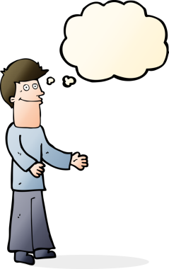 Bir insan tarafından çizilmiş düşünce baloncuğuyla omuzlarını silkeleyen çizgi film adamı.