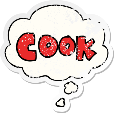 Düşünce baloncuğuyla yemek pişirmek insan tarafından çizilmiş yıpranmış bir çıkartma.