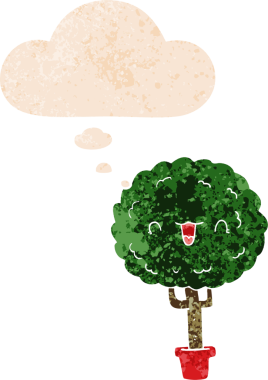 Düşünce baloncuklu çizgi film mutlu ağaç grunge sıkıntılı retro dokuma bir insan tarafından çizilmiş