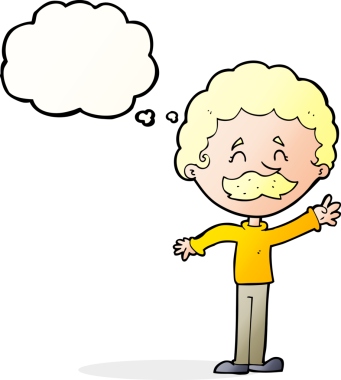 Bir insan tarafından çizilmiş düşünce baloncuğuyla bıyıklı çizgi film adamı.