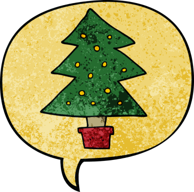 Bir insan tarafından çizilmiş eski dokuda konuşma baloncuğu olan çizgi film Noel ağacı.