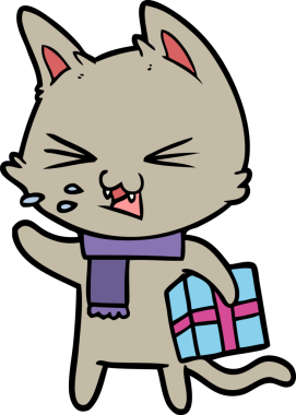 Bir insan tarafından çizilmiş Noel hediyeli tıslayan kedi çizgi filmi.