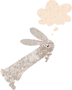 Komik çizgi film tavşanı. Düşünce baloncuğu ve grunge dertli eski moda bir insan tarafından çizilmiş.