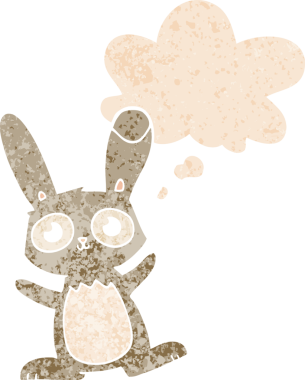 Homurdanan düşünce baloncuğu olan sevimli çizgi film tavşanı bir insan tarafından çizilmiş dertli retro tarzı.