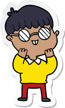 Bir insan tarafından çizilmiş gözlüklü bir çizgi film çocuğunun çıkartması.