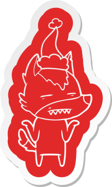 Bir insan tarafından çizilmiş Noel Baba şapkası takan bir kurdun garip çizgi film çıkartması.