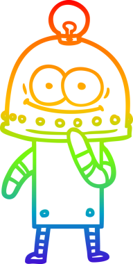 Gökkuşağı gradyan çizgisi mutlu bir karton robot çizimi ve bir insan tarafından çizilmiş ampul.