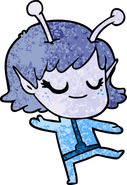 Bir insan tarafından çizilmiş gülümseyen uzaylı kız çizgi filmi.