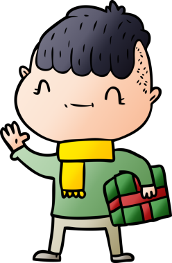 Bir insan tarafından çizilmiş Noel hediyeli çizgi film dostu çocuk.