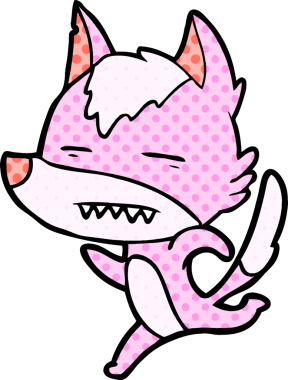 Bir insan tarafından çizilmiş dişleri gösteren bir kurt çizgi filmi.