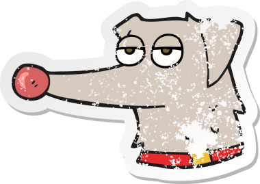 Bir insan tarafından çizilmiş tasmalı karikatür köpeğinin gerilmiş çıkartması.