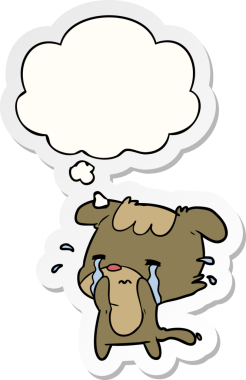 Düşünce baloncuğu insan tarafından çizilmiş bir çıkartma olan karikatür üzgün köpek