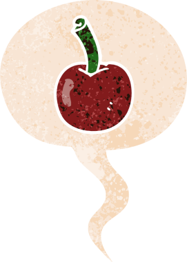 grunge 'da konuşma baloncuğu olan karikatür kirazı bir insan tarafından çizilmiş dertli retro desenli