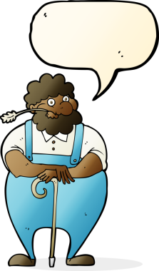 Çizgi film çiftçisi bir insan tarafından çizilmiş konuşma balonuyla bastona yaslanıyor.